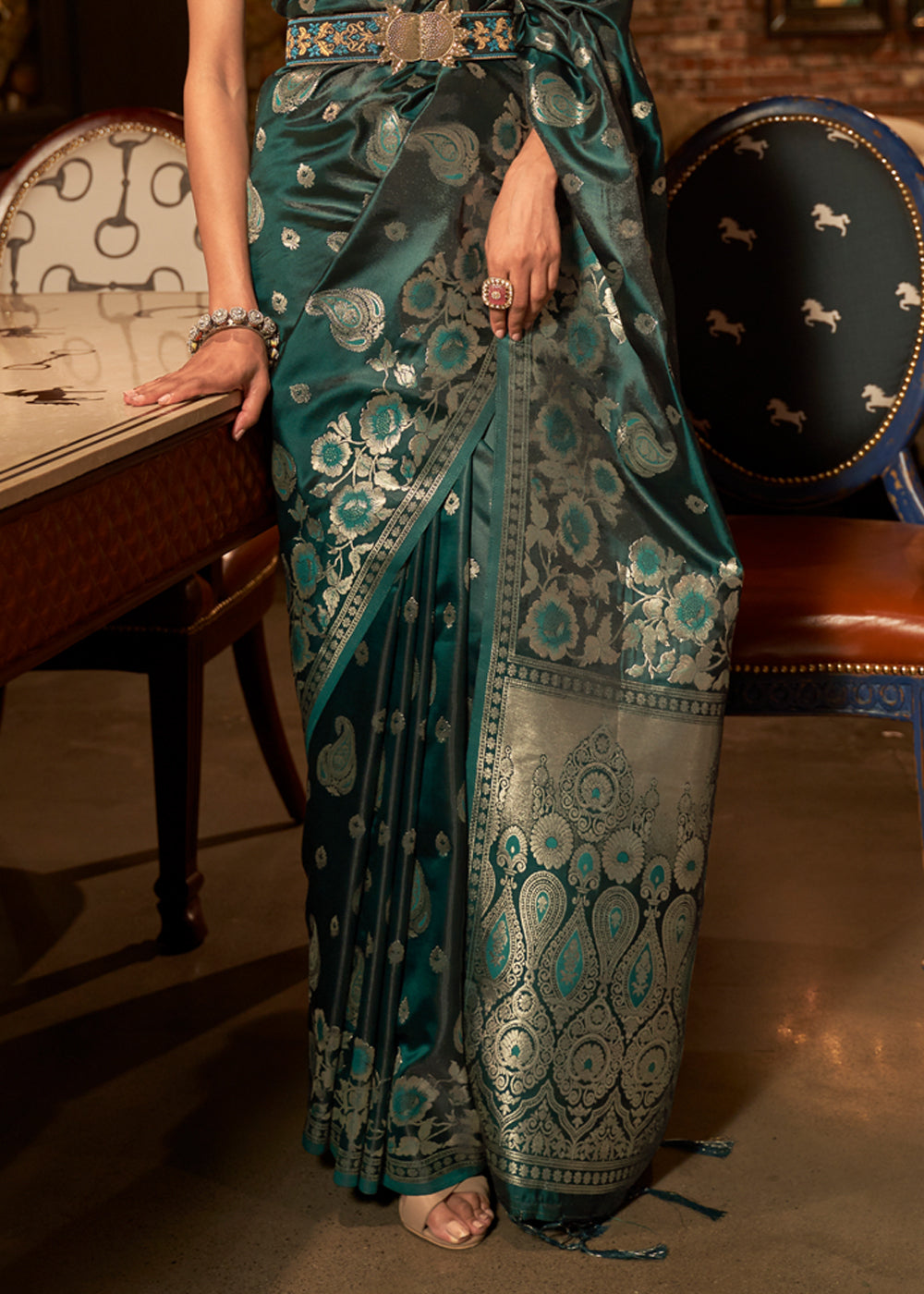 Mineral Green Banarasi Woven Satin Silk Saree