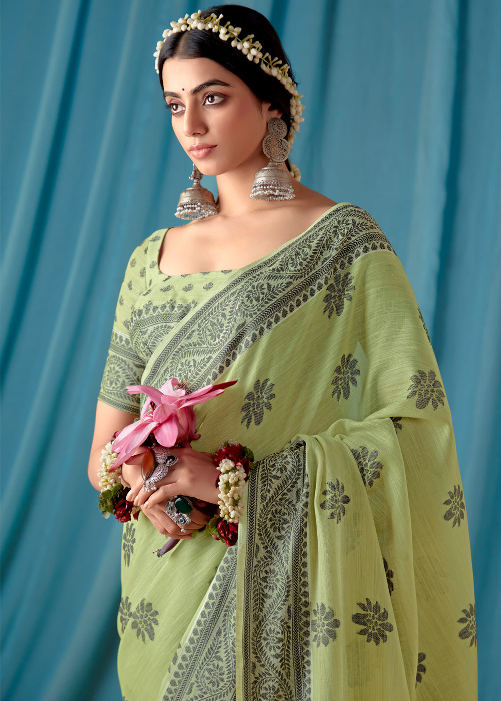 Barley Corn Green Woven Banarasi Linen Silk Saree