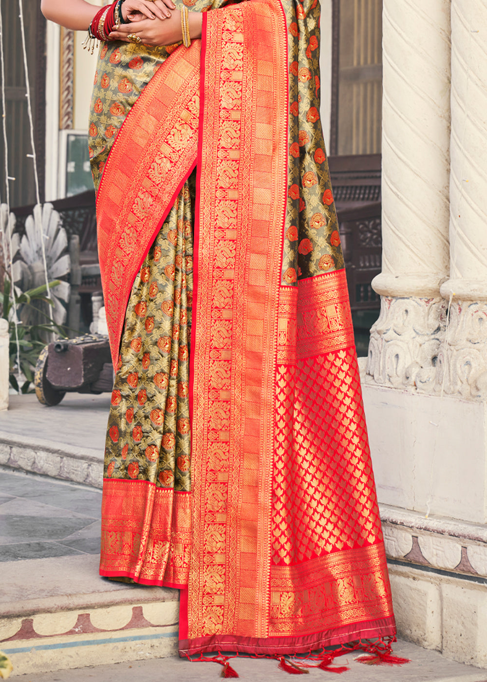 Brandy Grey and Red Woven Kanjivaram Silk Saree