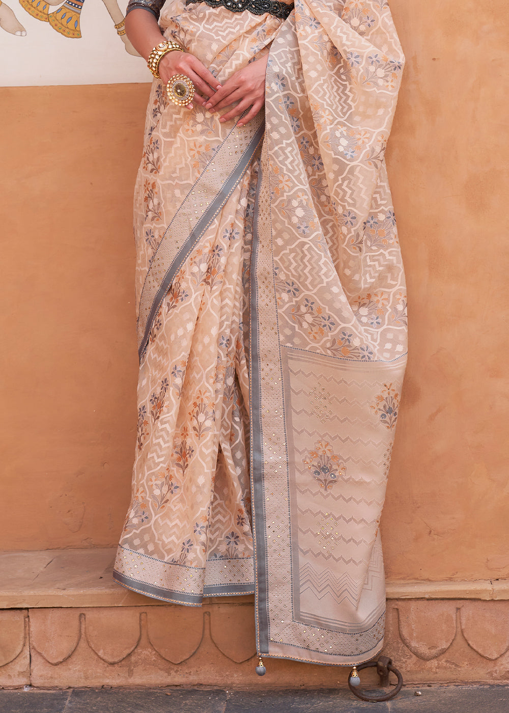 Cashmere Peach Patola Printed Tissue Silk Saree