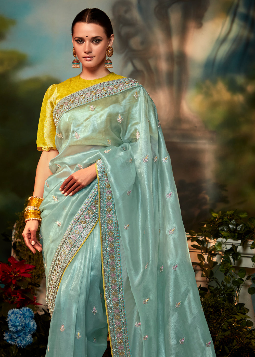 Jet Stream Blue Woven Designer Organza Silk Saree