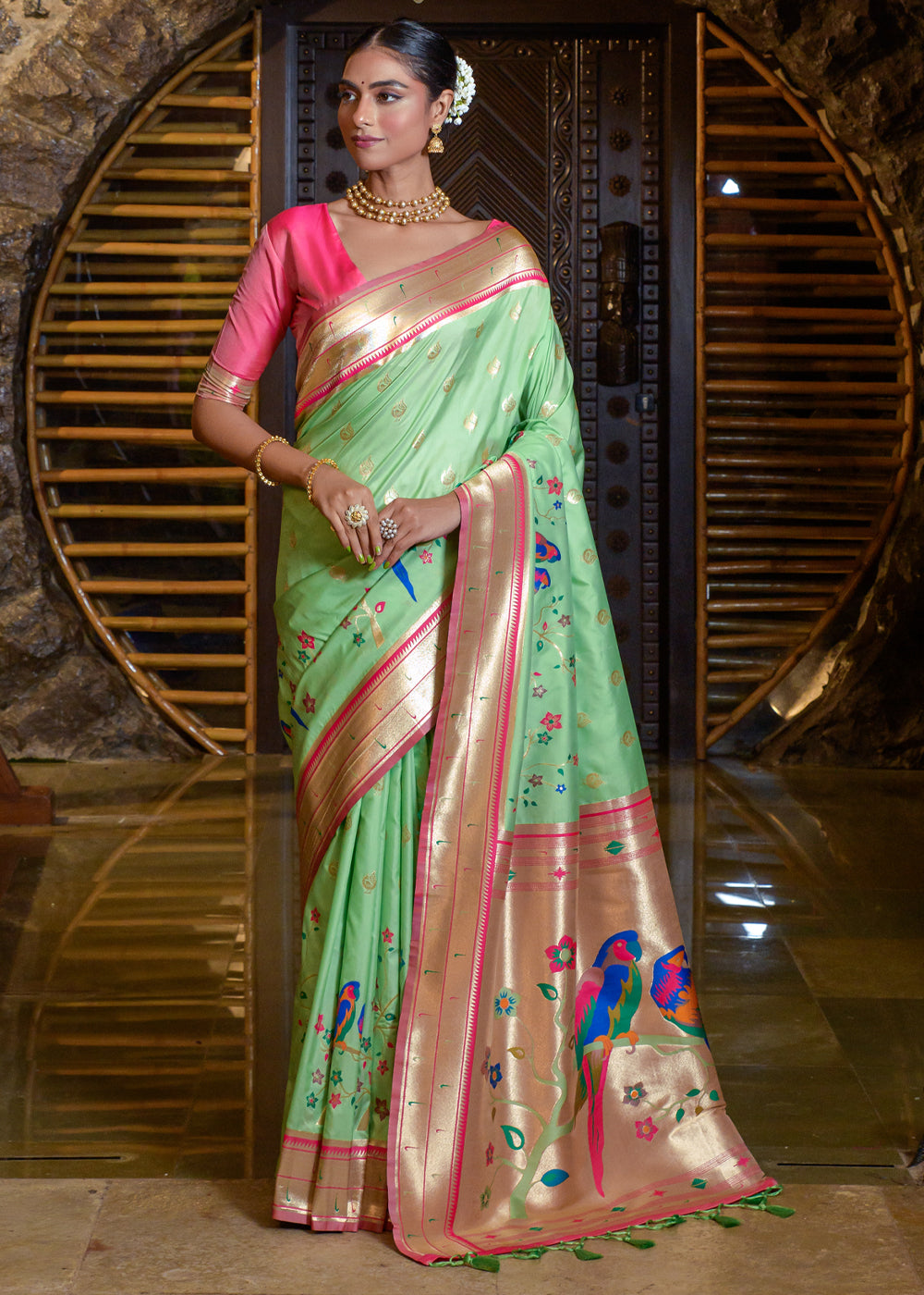 Pista Green Woven paithani Silk Saree