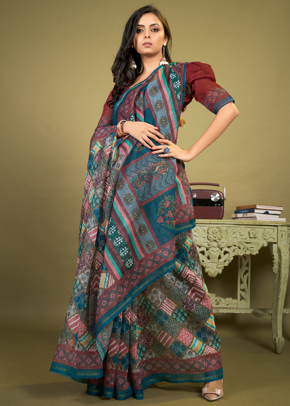 Atoll Blue Cotton Patola Printed Silk Saree