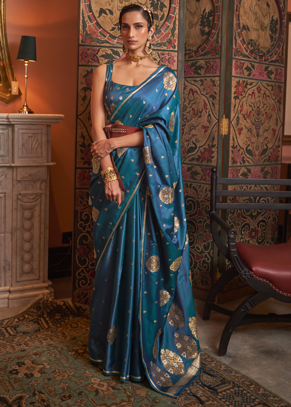 Kashmir Blue Woven Satin Silk Saree