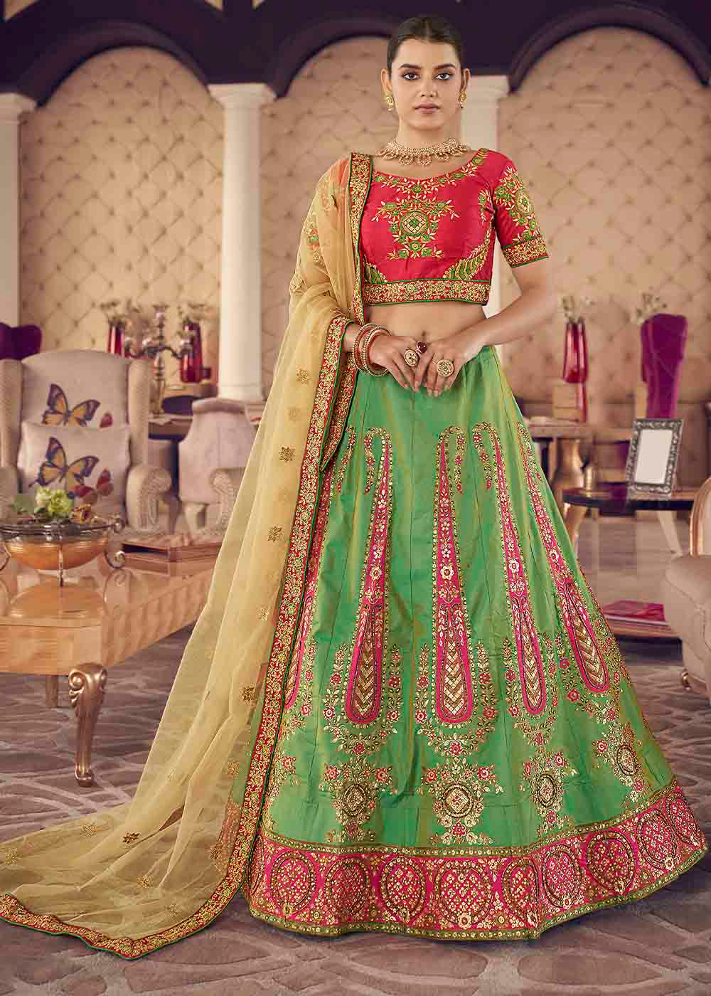 Asparagus Green Silk Lehenga Choli