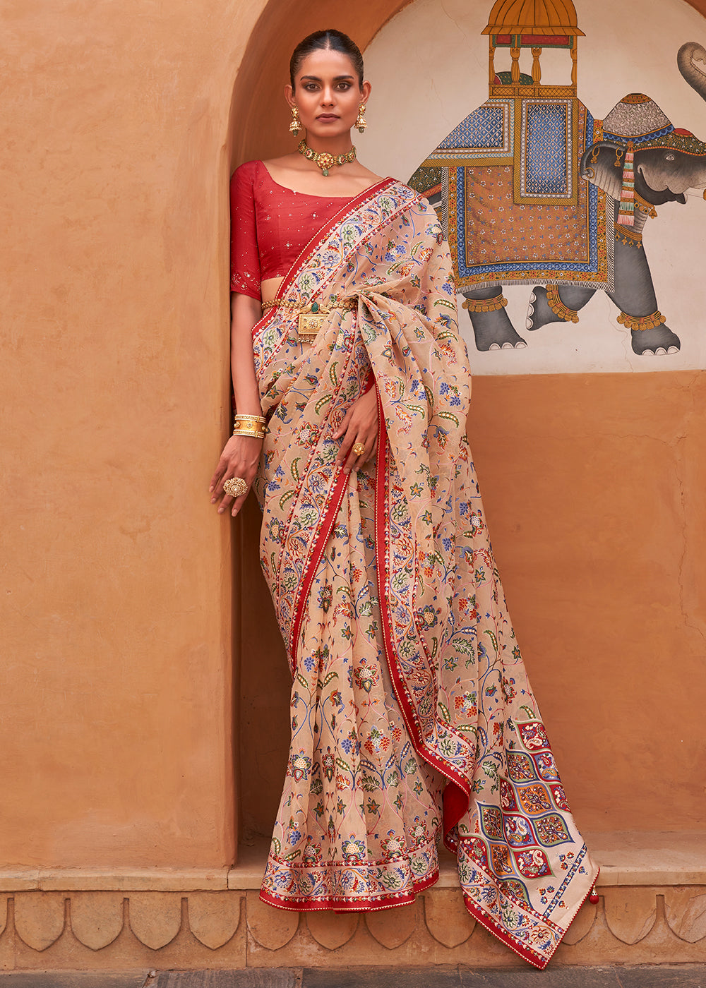 Manhattan Brown Patola Printed Tissue Silk Saree