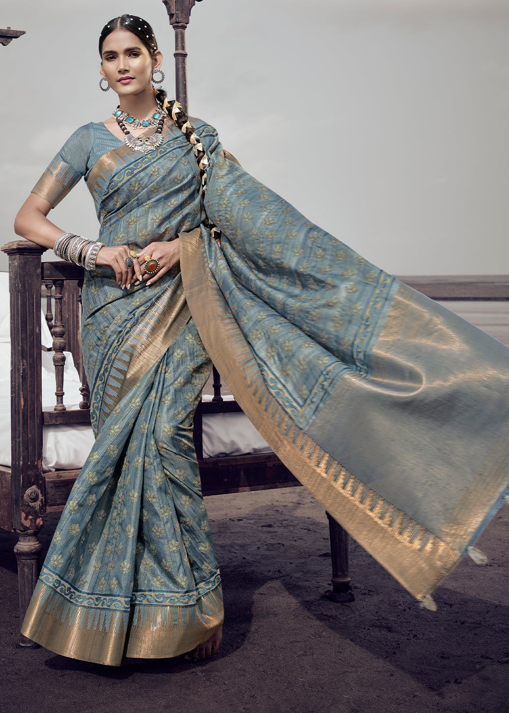 Pewter Grey Printed Designer Silk Saree