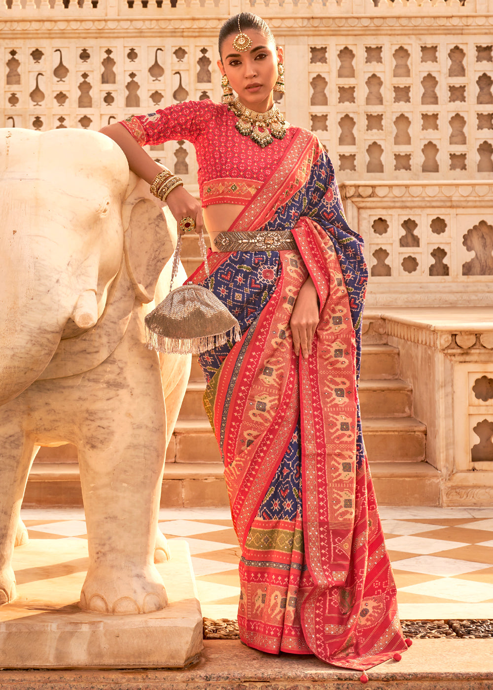 Thunder Blue and Red Woven Patola Silk Saree