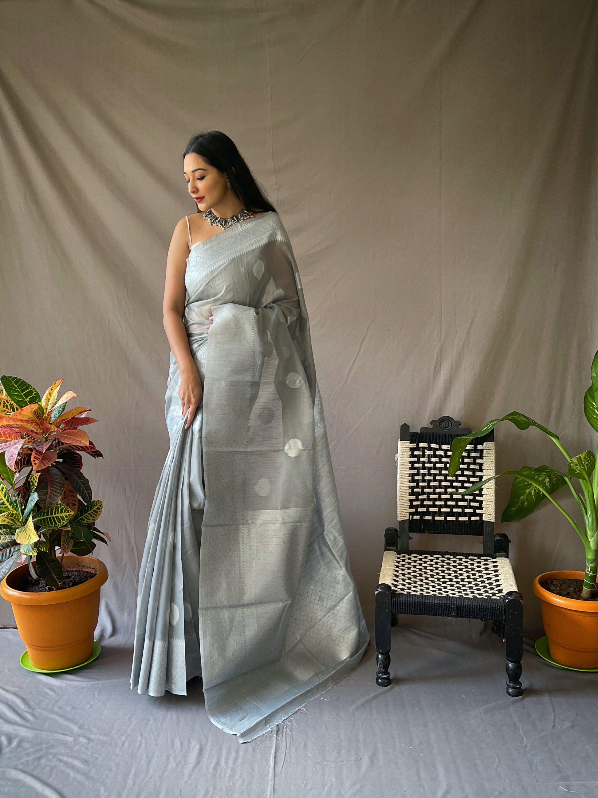 Delta Grey Linen Silver Zari Woven Saree