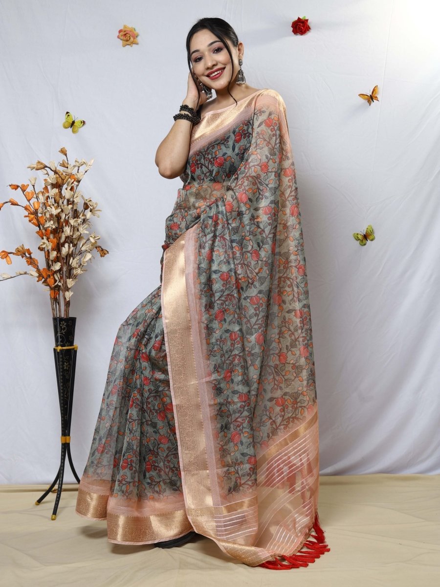 Cloudy Grey Organza Kalamkari Printed with Sequins Jacquard Woven Saree