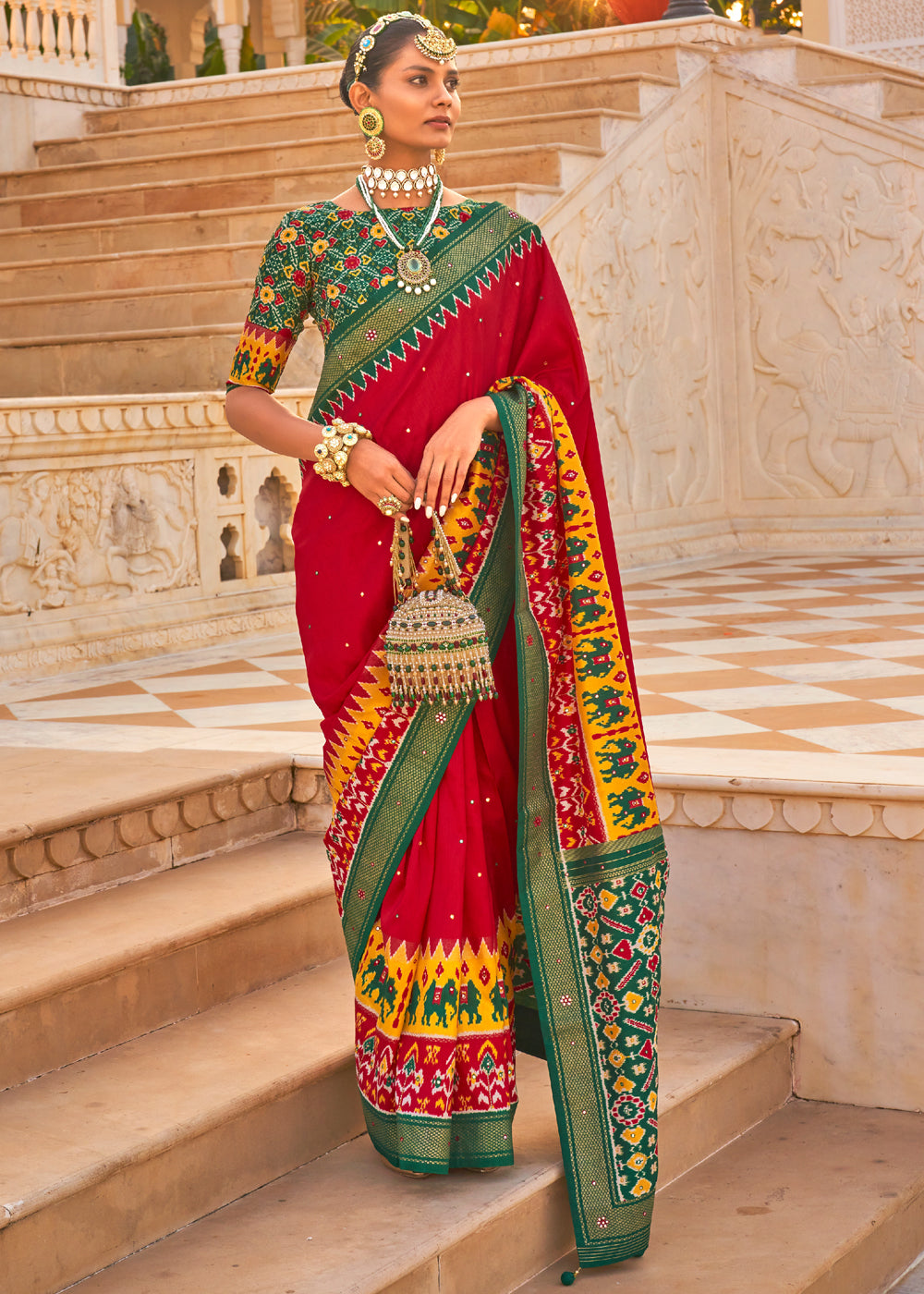 Rusty Red and Green Woven Patola Silk Saree