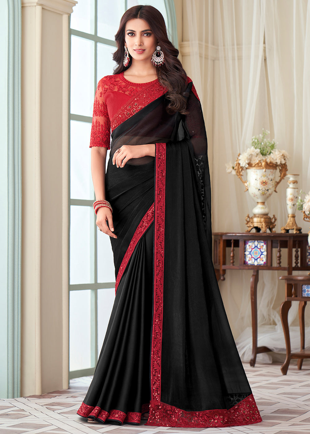 Eerie Black Designer Embroidered Satin Silk Saree