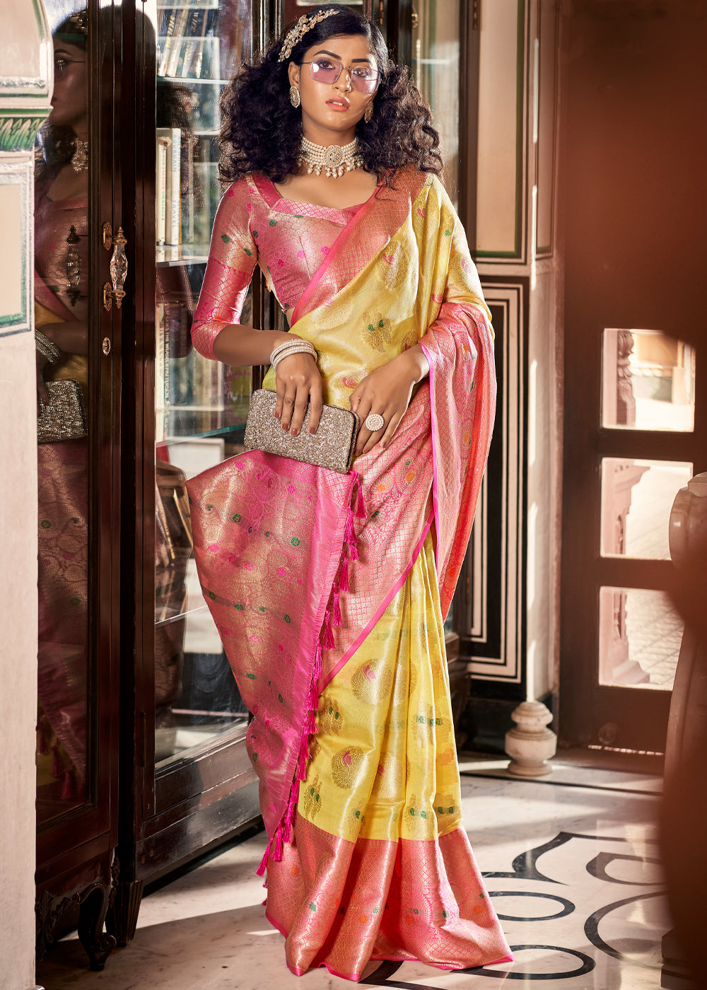 Wild Rice Yellow and Pink Woven Banarasi Organza Silk Saree