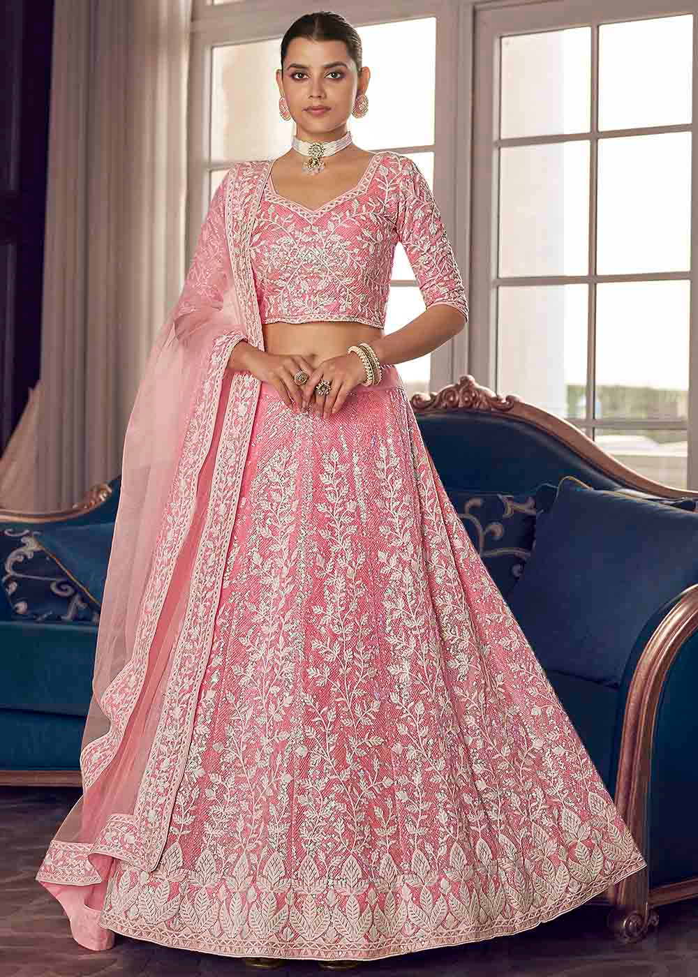 Melon Pink Organza Lehenga Choli