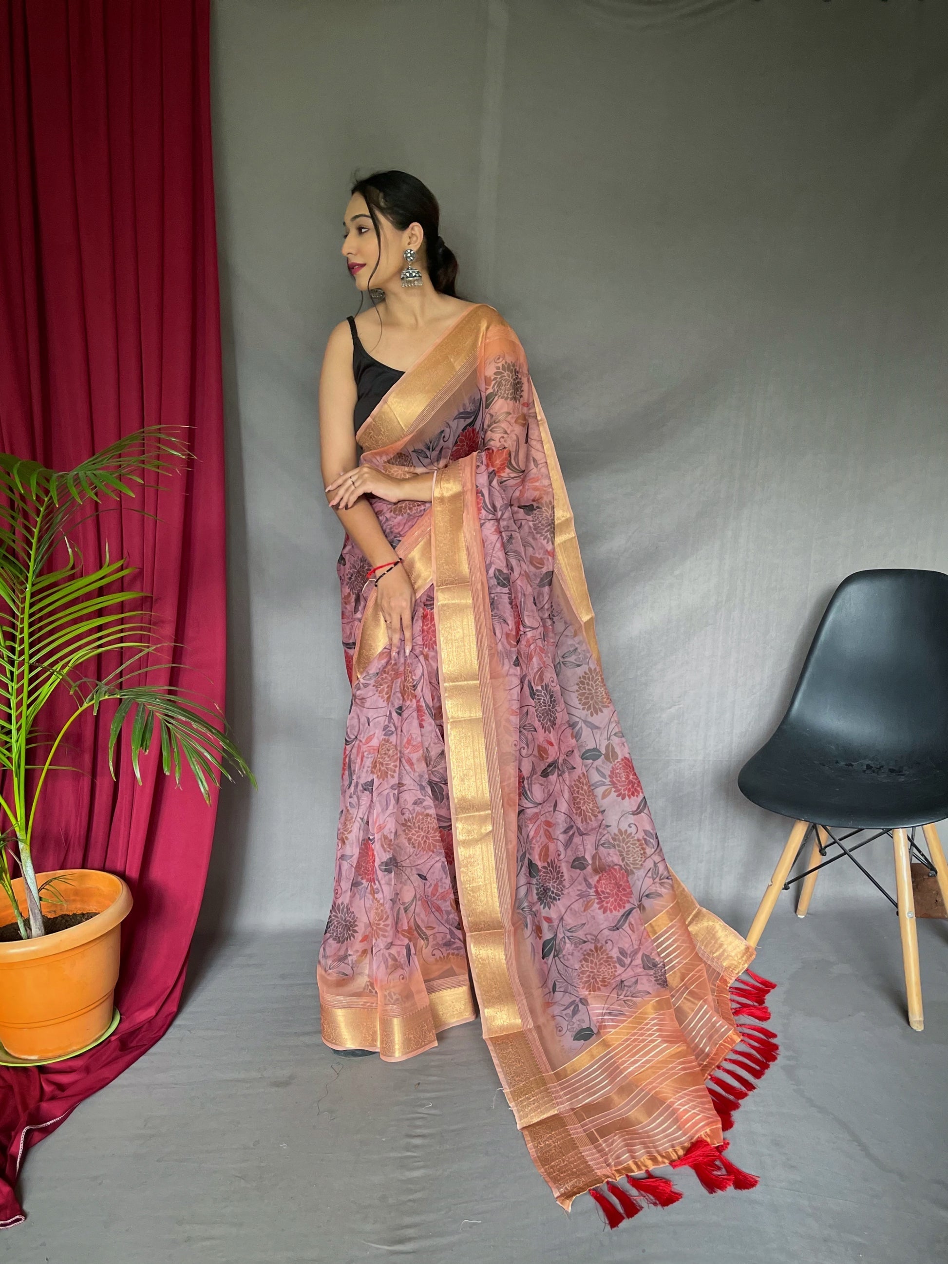 Oriental Pink Organza Floral Printed with Sequins Jacquard Woven Saree