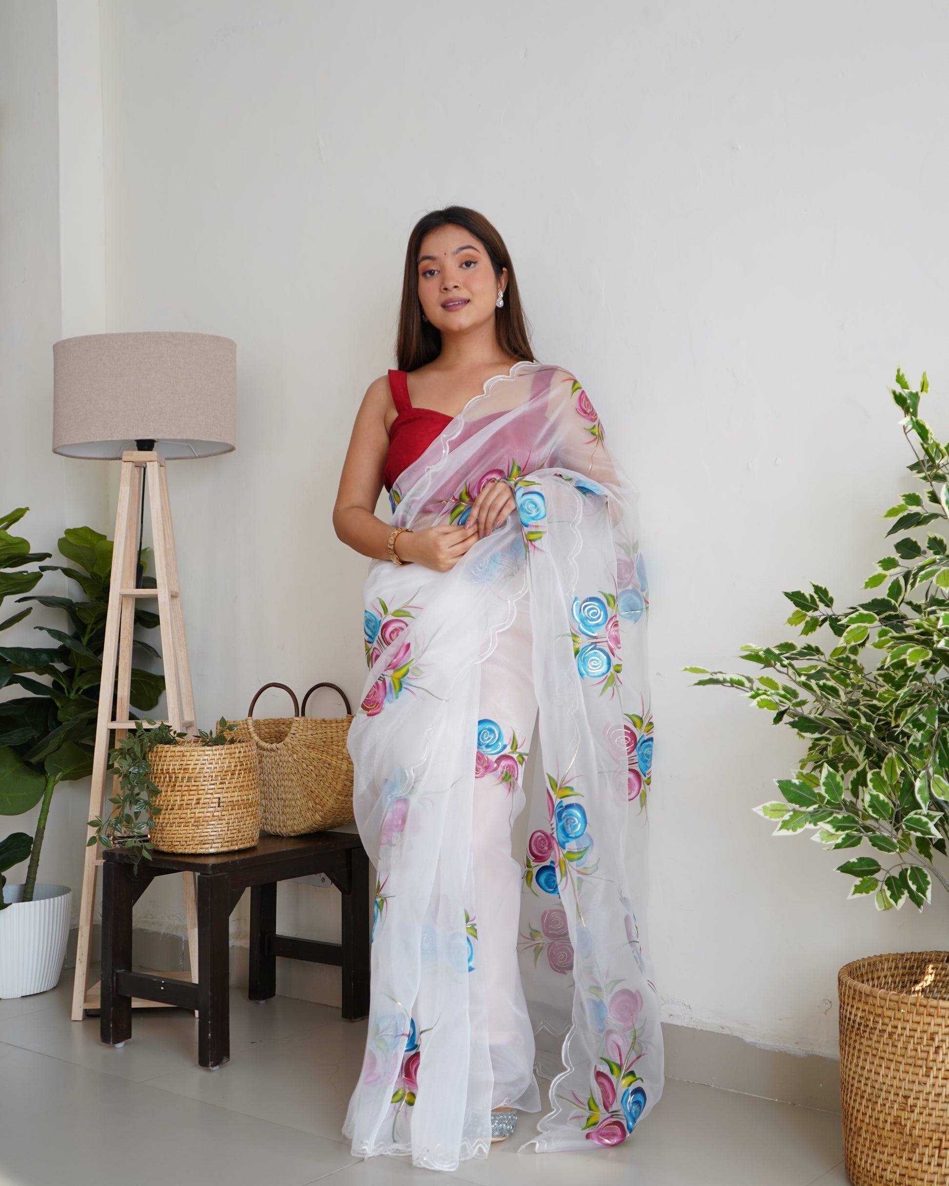 Mischka White Organza Printed Floral Saree