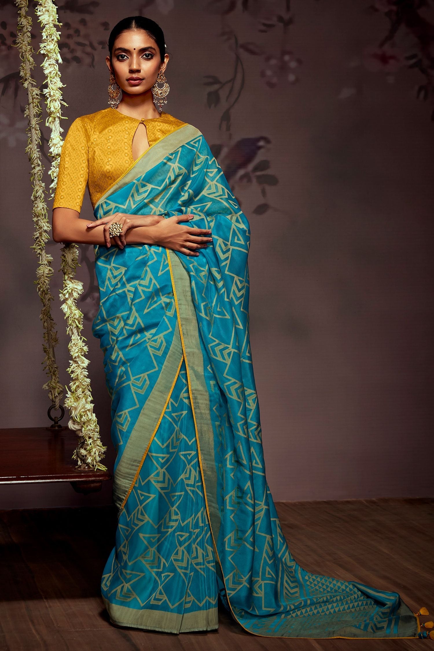 Astral Blue Printed Brasso Saree