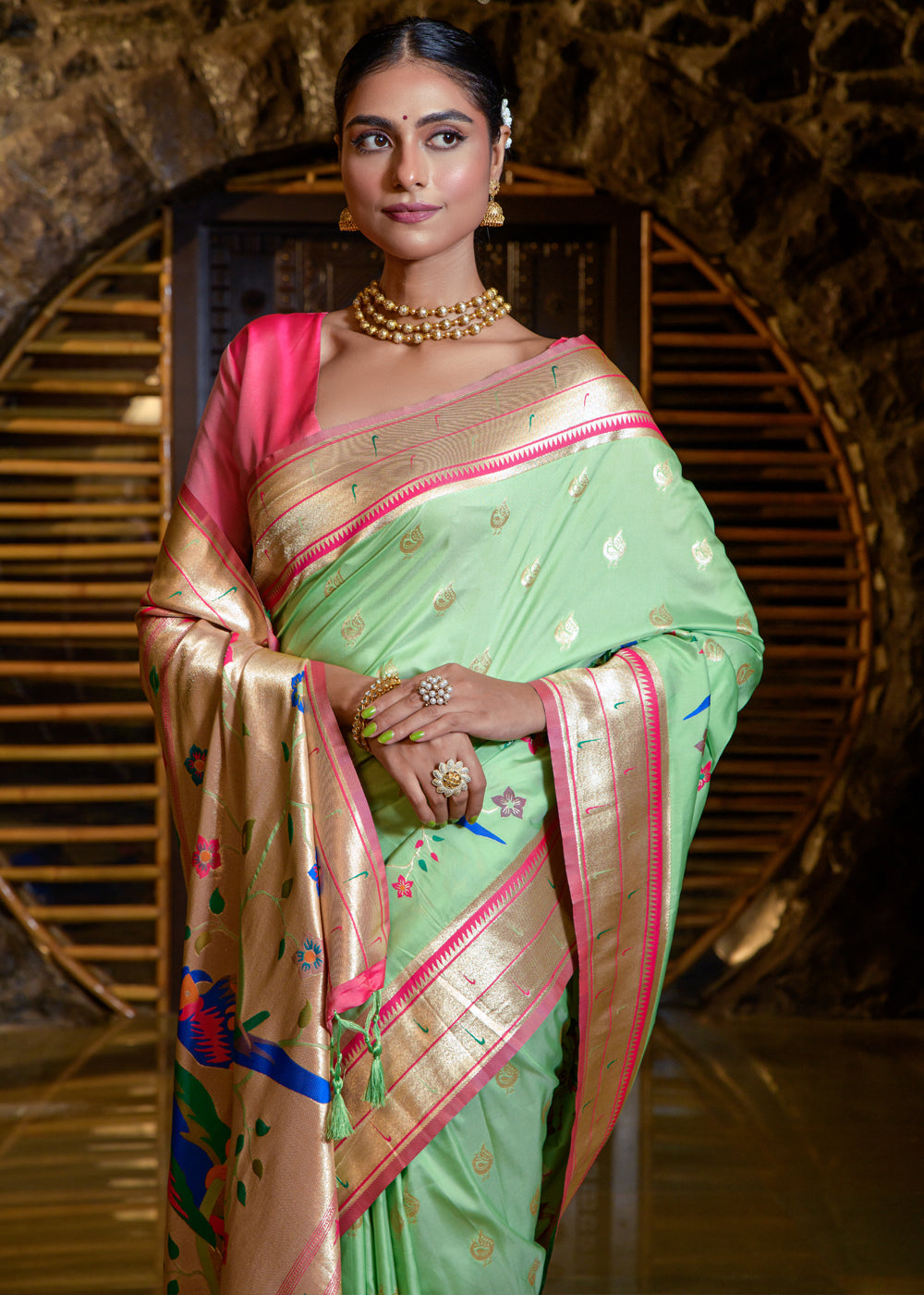 Pista Green Woven paithani Silk Saree