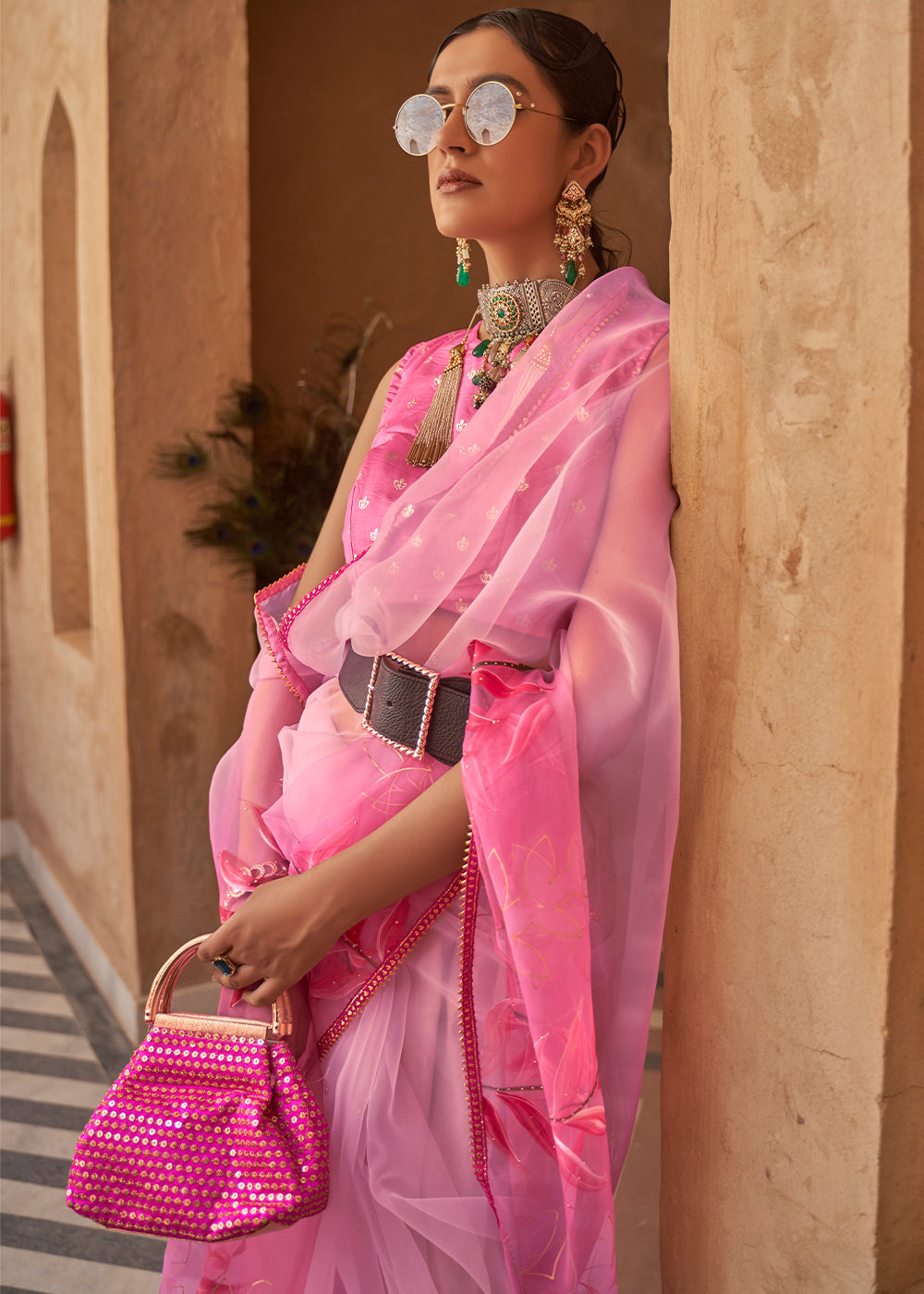 Petite Pink Digital Print Organza Saree