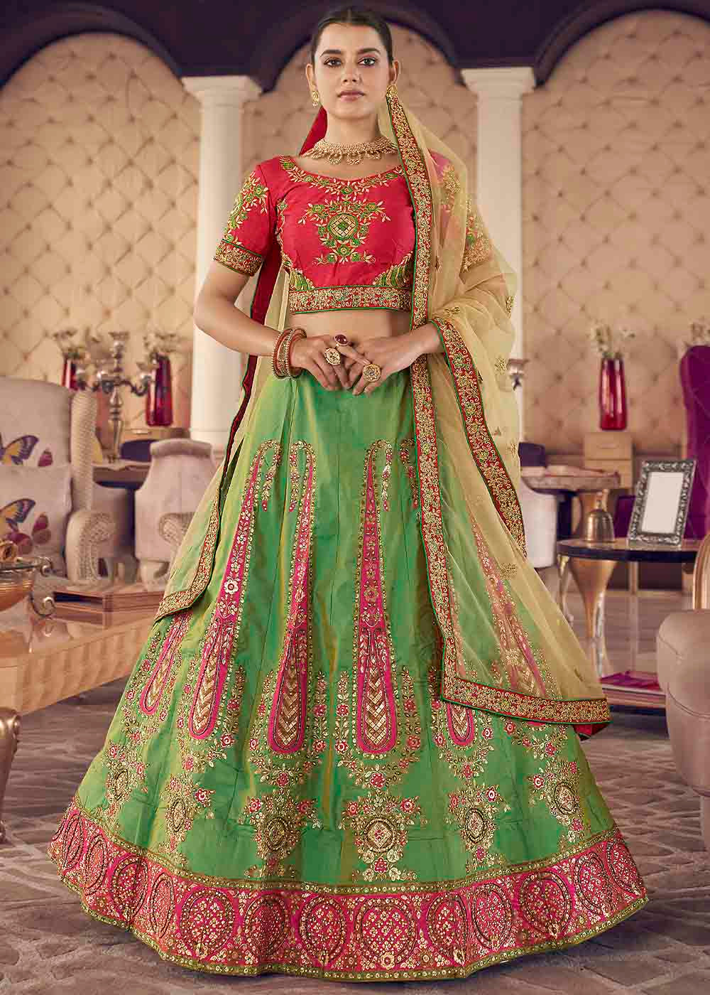 Asparagus Green Silk Lehenga Choli