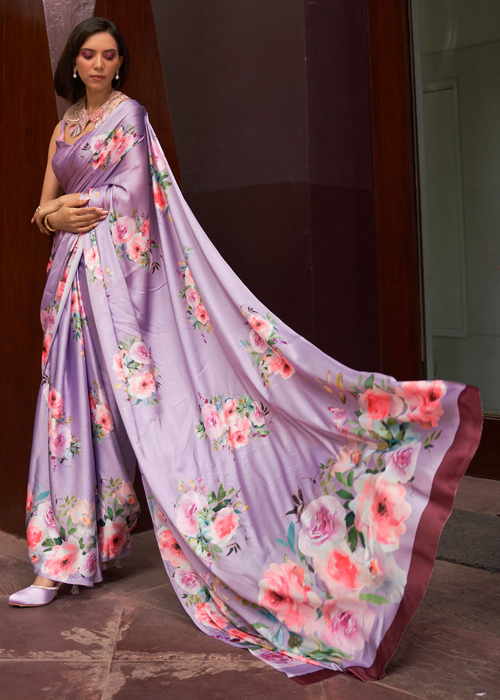 Bouquet Purple Floral Printed Satin Silk Saree