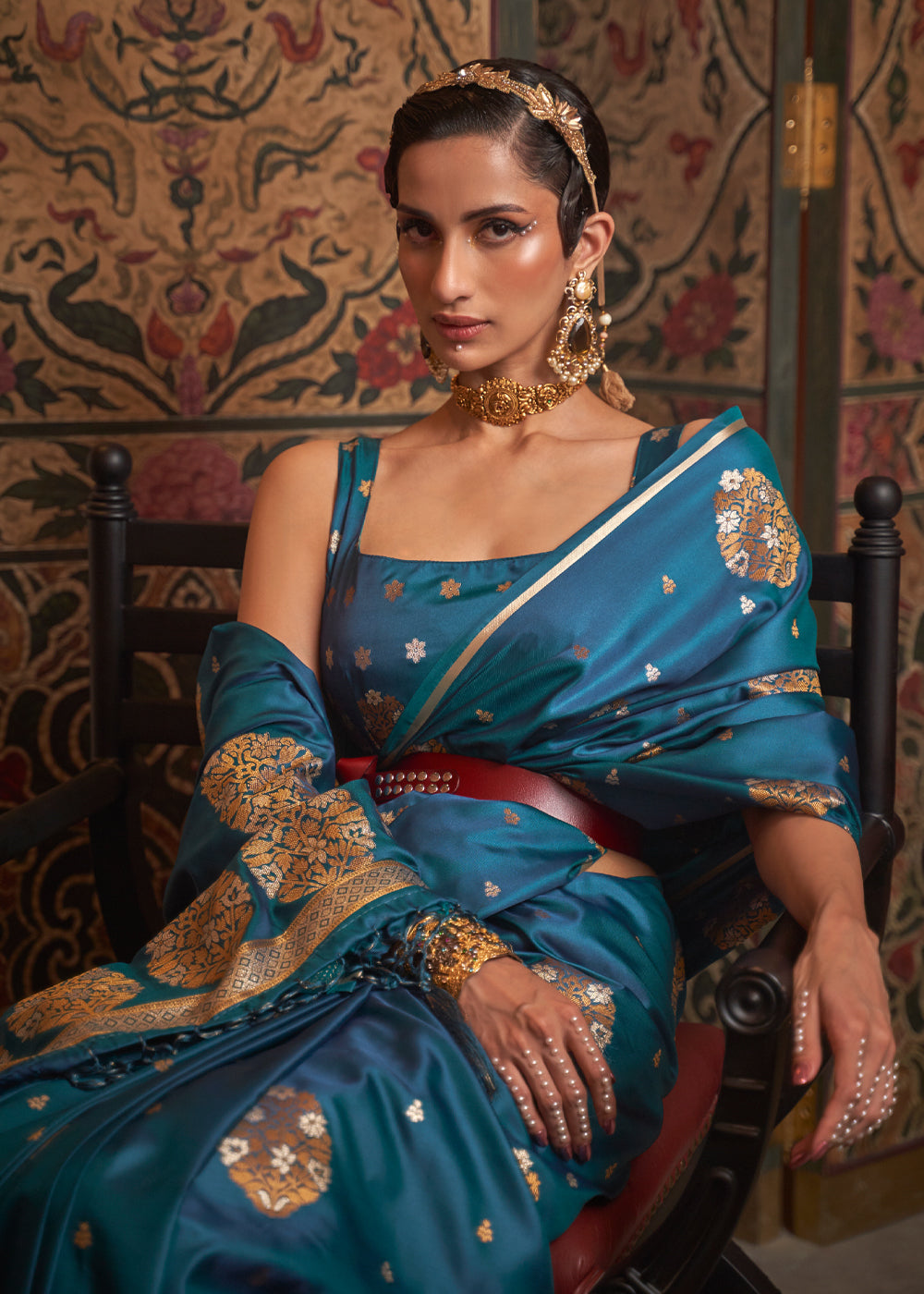 Kashmir Blue Woven Satin Silk Saree