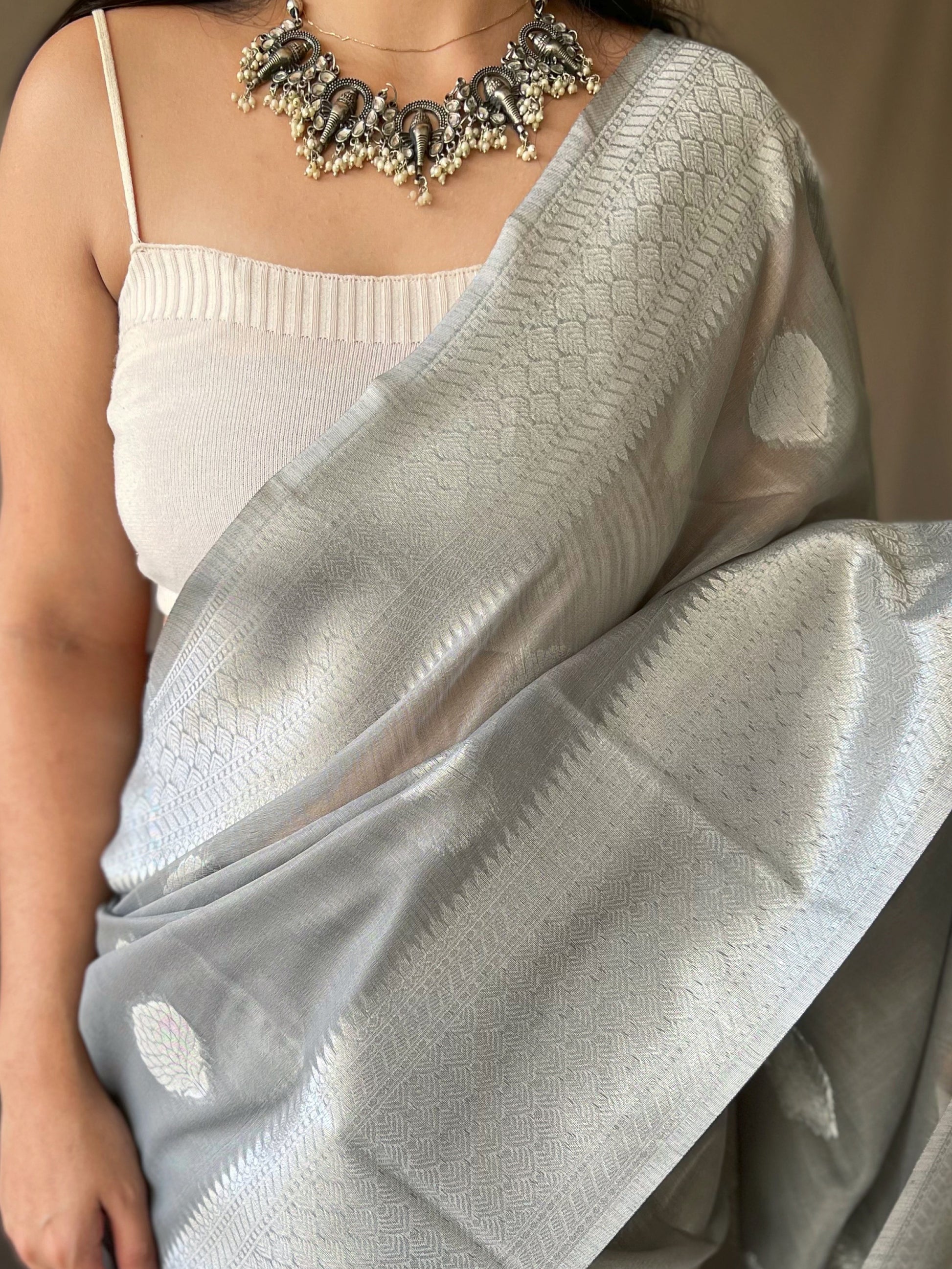 Delta Grey Linen Silver Zari Woven Saree