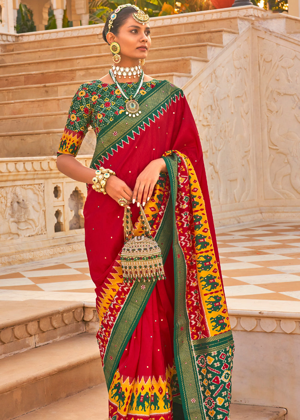 Rusty Red and Green Woven Patola Silk Saree