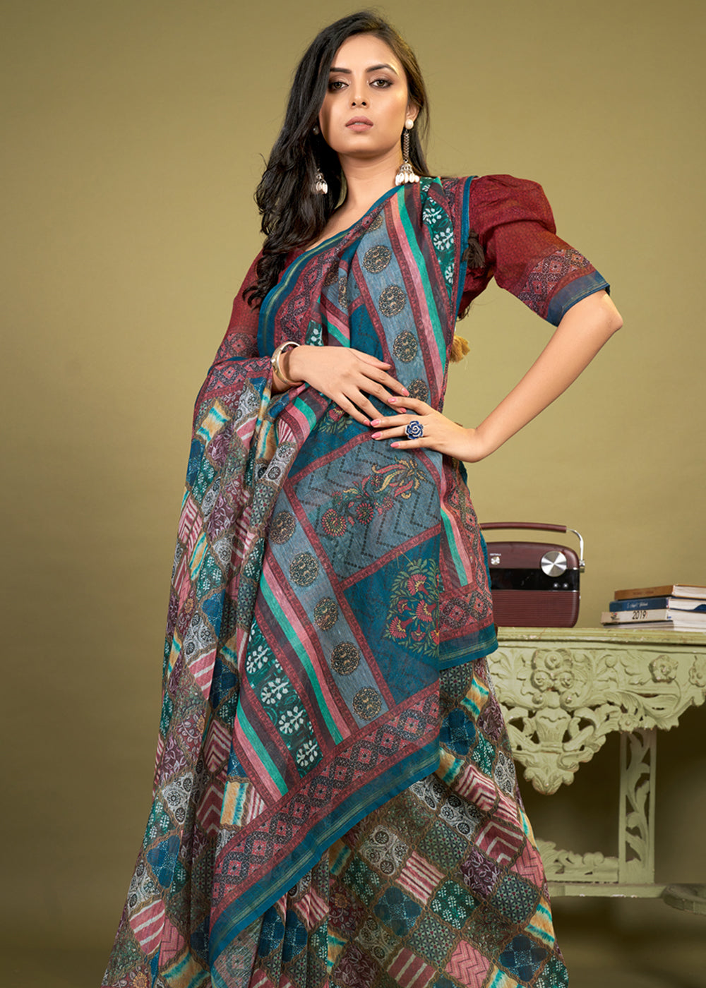 Atoll Blue Cotton Patola Printed Silk Saree