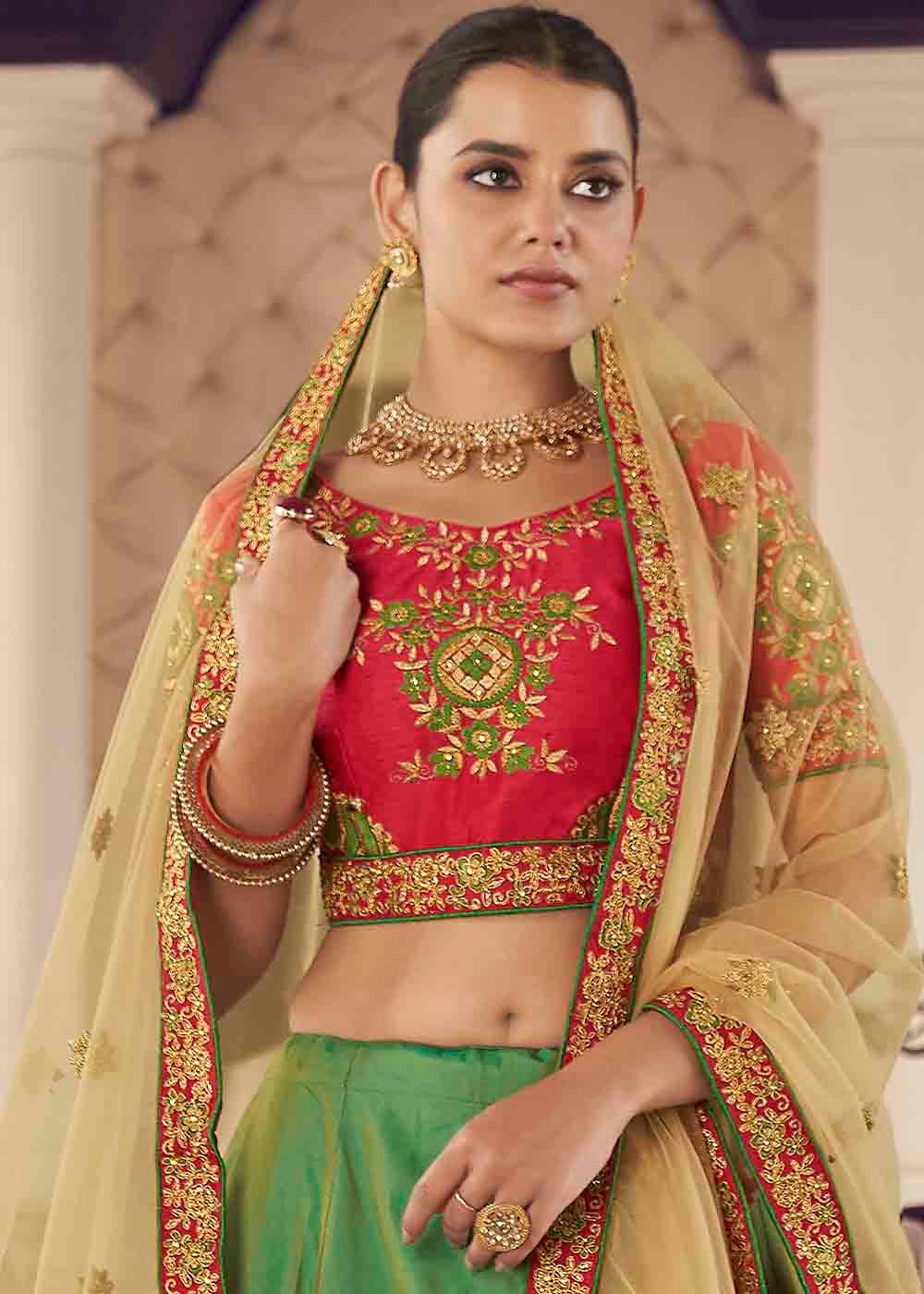 Asparagus Green Silk Lehenga Choli