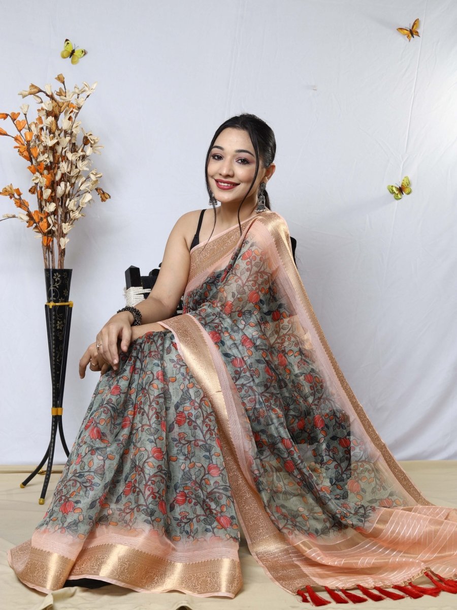 Cloudy Grey Organza Kalamkari Printed with Sequins Jacquard Woven Saree