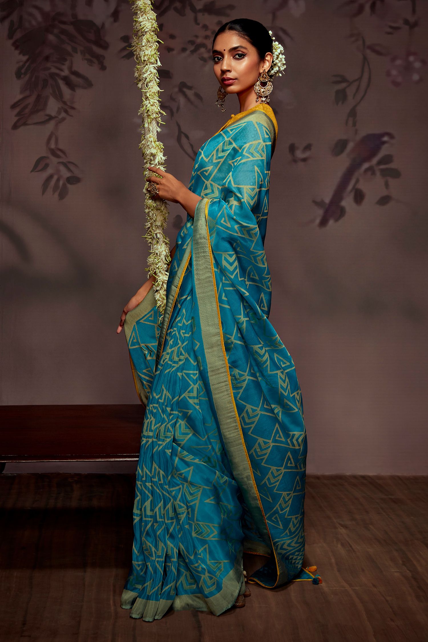 Astral Blue Printed Brasso Saree