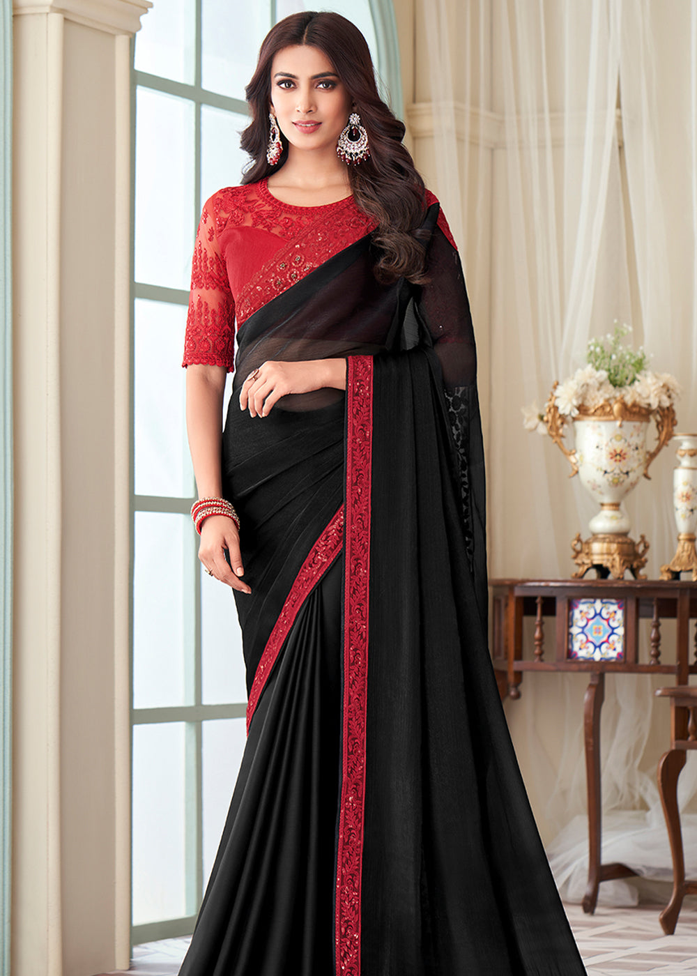 Eerie Black Designer Embroidered Satin Silk Saree