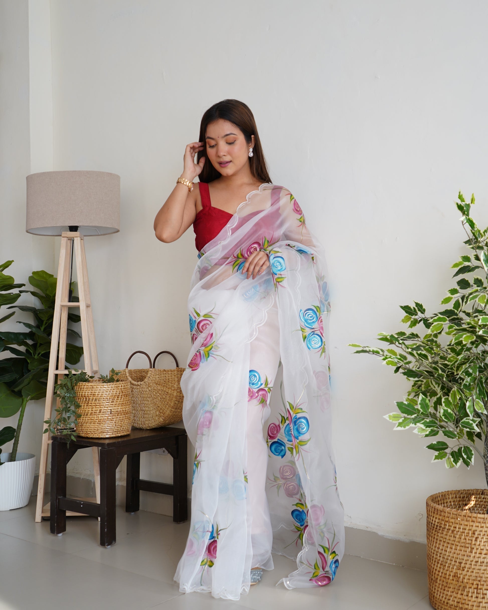 Mischka White Organza Printed Floral Saree