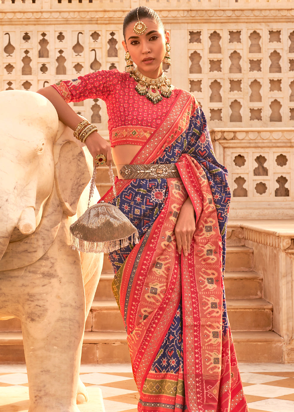 Thunder Blue and Red Woven Patola Silk Saree