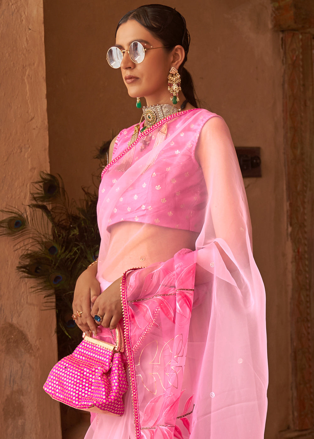 Petite Pink Digital Print Organza Saree