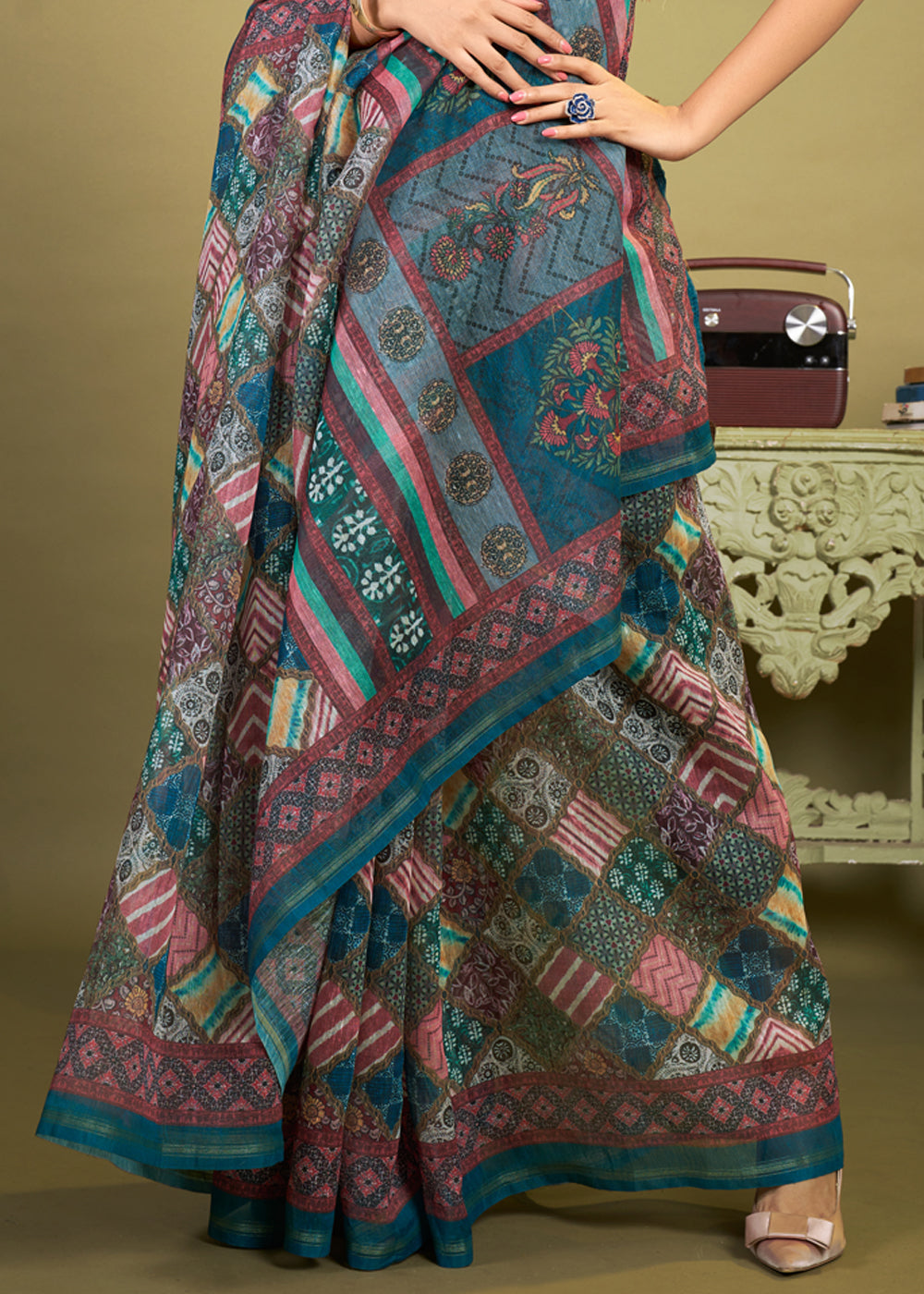 Atoll Blue Cotton Patola Printed Silk Saree