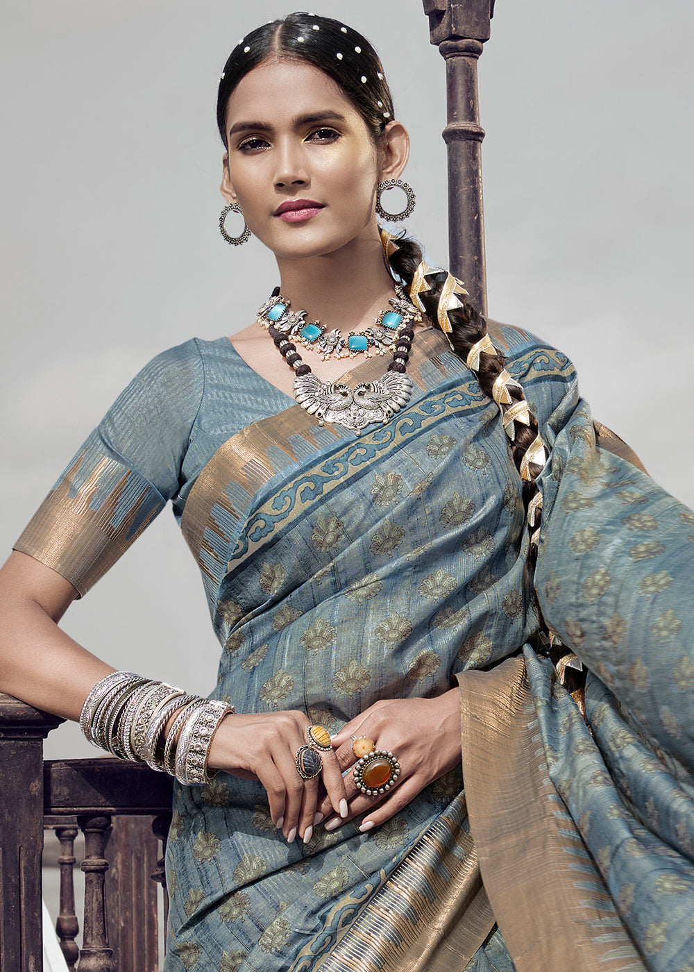 Pewter Grey Printed Designer Silk Saree