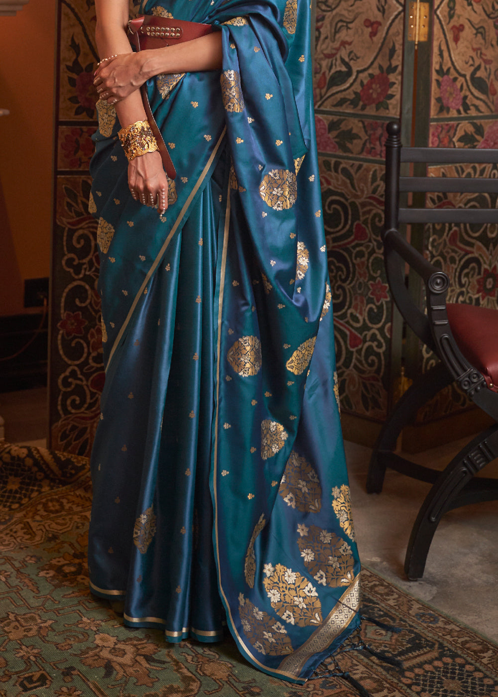 Kashmir Blue Woven Satin Silk Saree