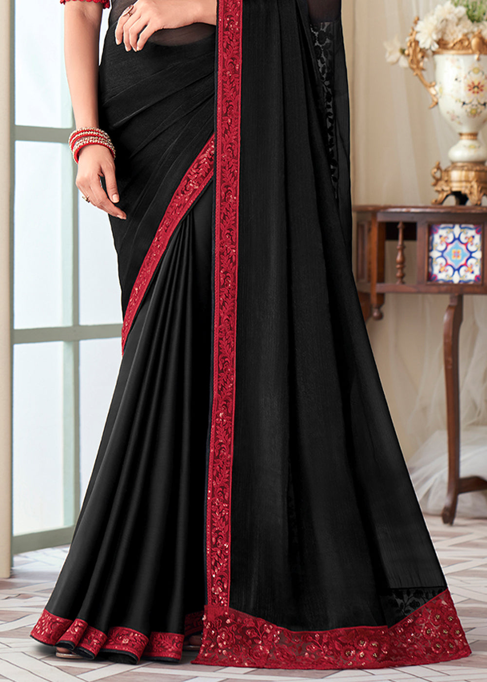 Eerie Black Designer Embroidered Satin Silk Saree