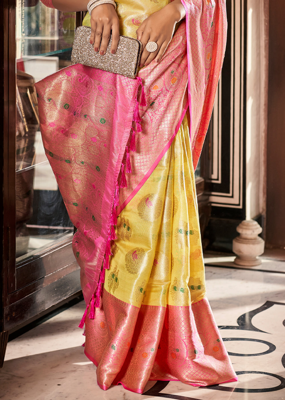 Wild Rice Yellow and Pink Woven Banarasi Organza Silk Saree