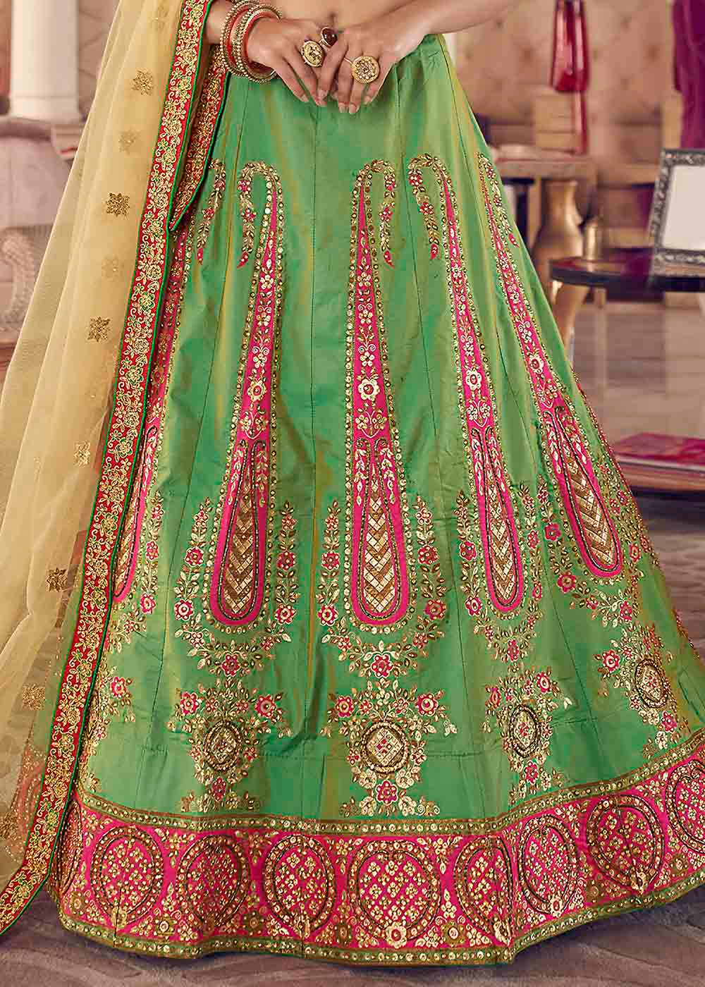 Asparagus Green Silk Lehenga Choli