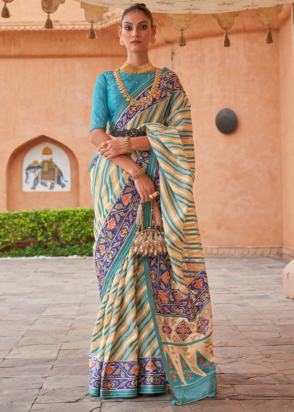 Ming Blue Patola Printed Tissue Silk Saree