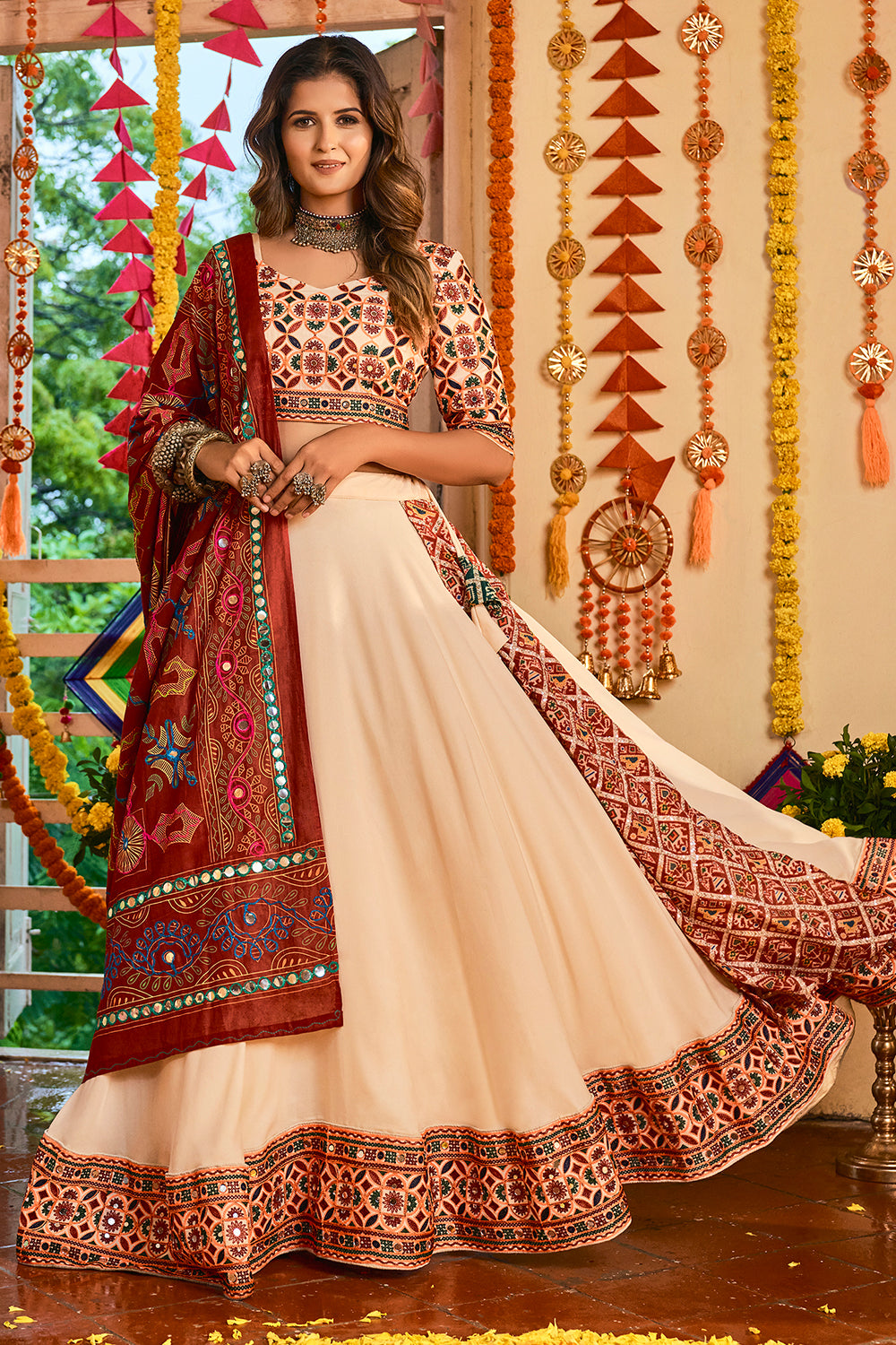 Vanila Cream and Maroon Lehenga Choli