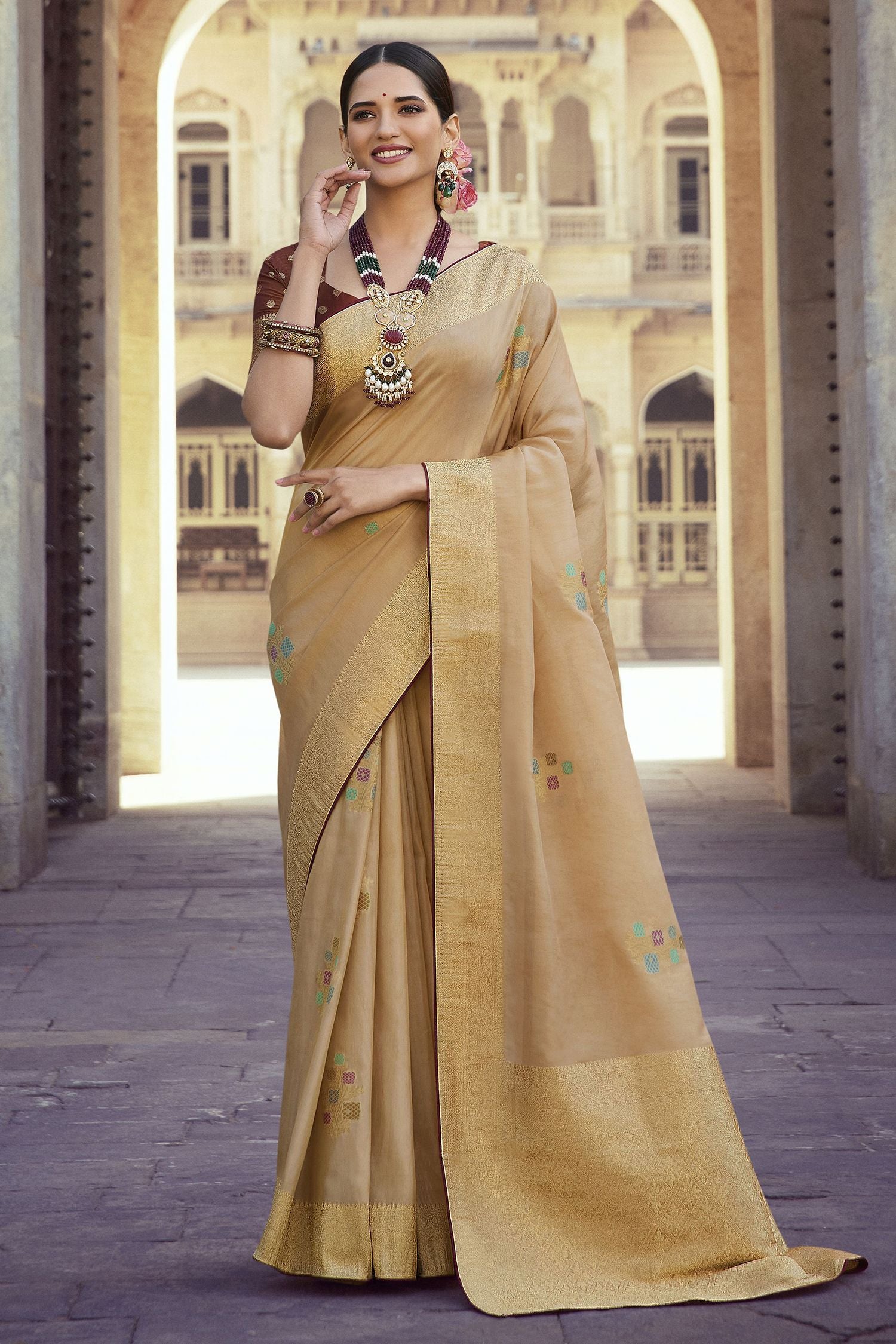 Calico Cream Woven Designer Banarasi Silk Saree