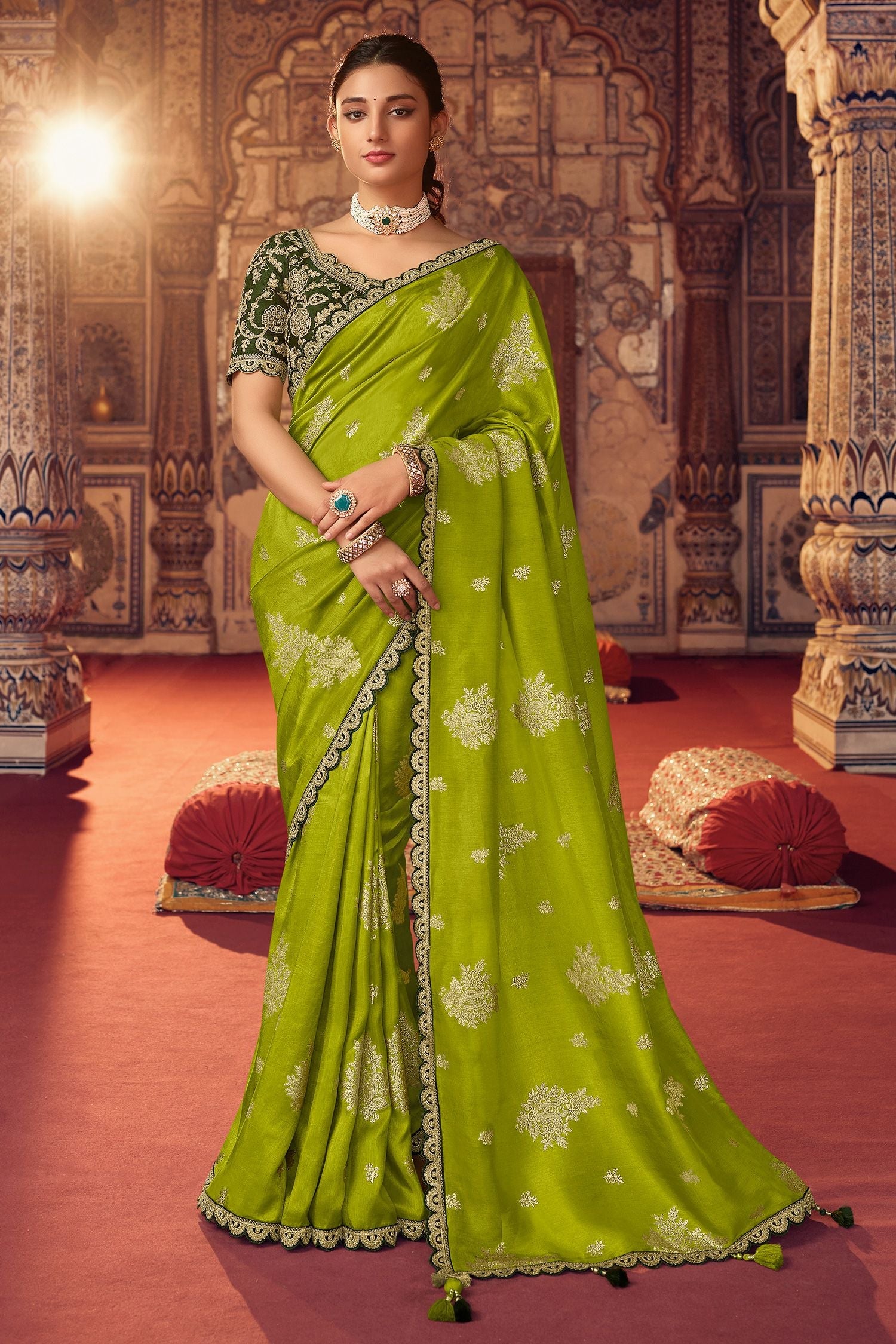 Sahara Green Organza Woven Silk Saree with Peacock Motifs