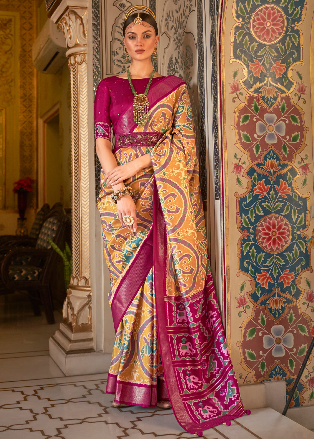 Porsche Yellow and Pink Woven Patola Paithani  Silk Saree