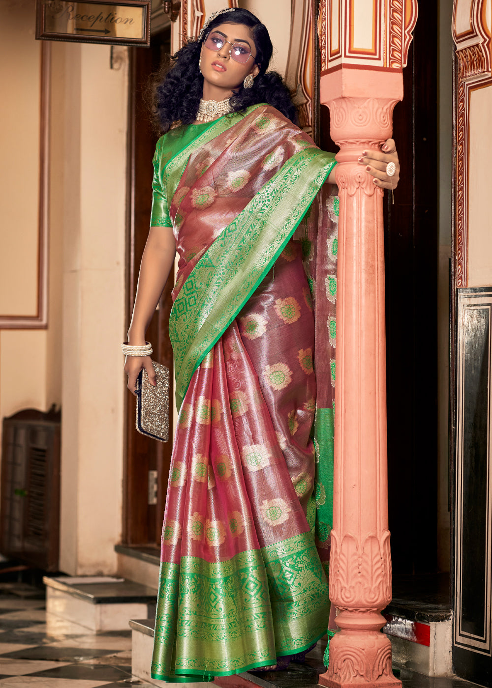 Tosca Brown and Green Woven Banarasi Organza Silk Saree