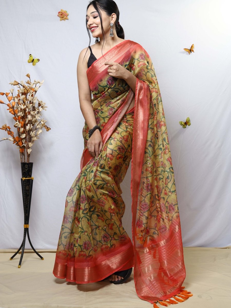 Calico Yellow Organza Kalamkari Printed with Sequins Jacquard Woven Saree