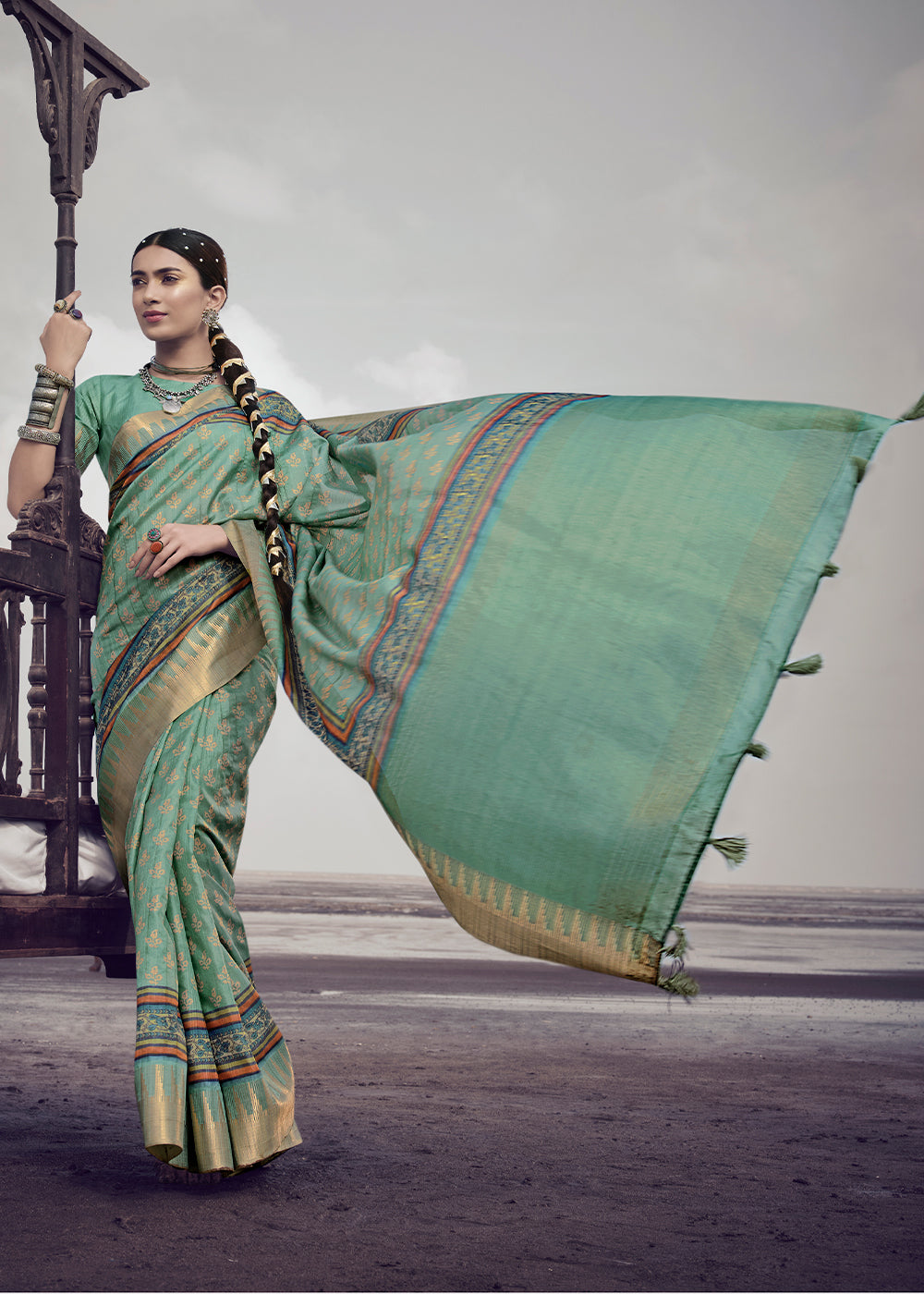 Oxley Green Printed Designer Silk Saree